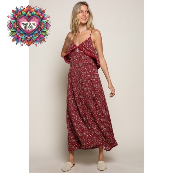 POL Red Floral Print Relaxed Fit Sleeveless Ruffle Midi Dress - Picture 2 of 7